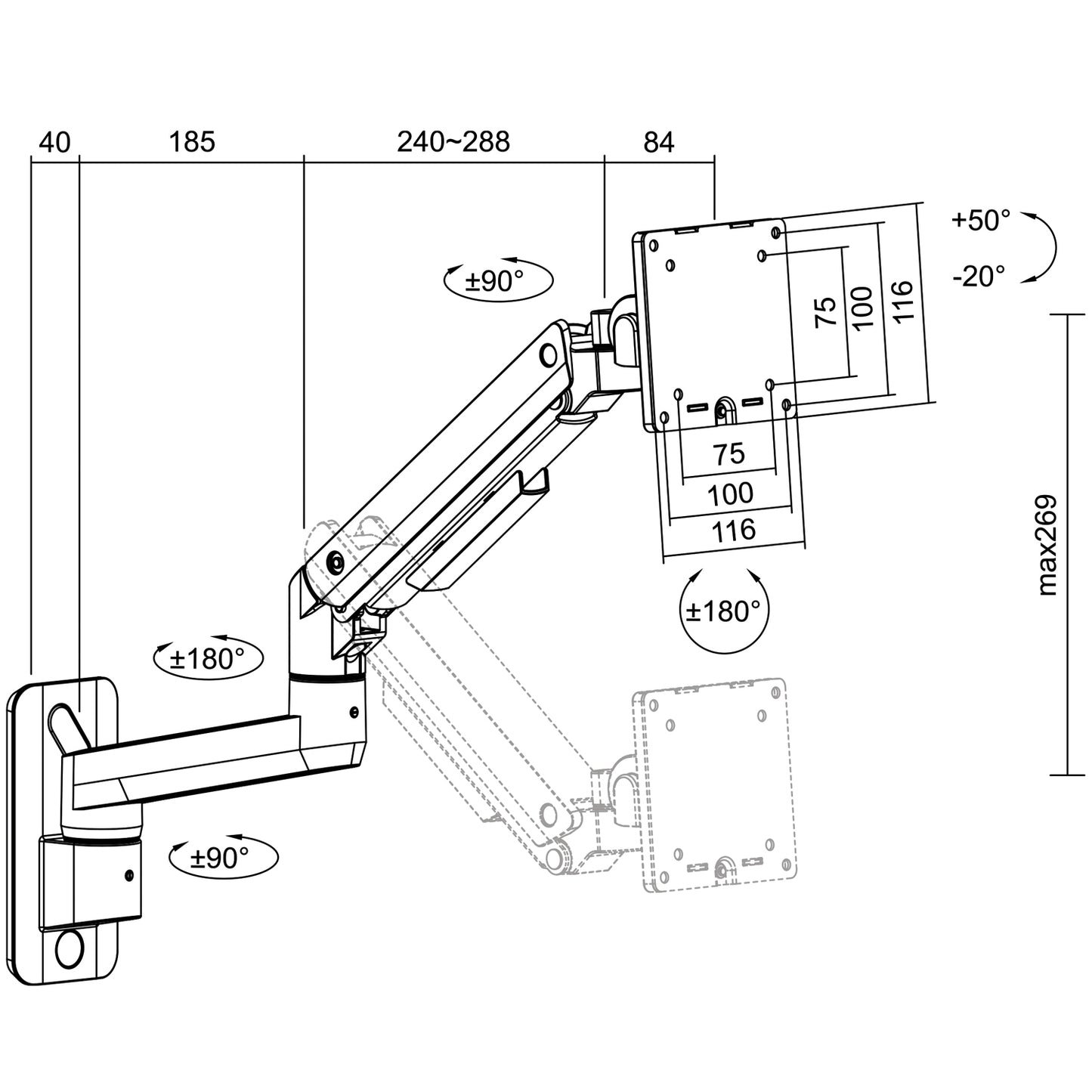 Monitor arm Wall mount 17-49" gas spring 424mm max 20kg