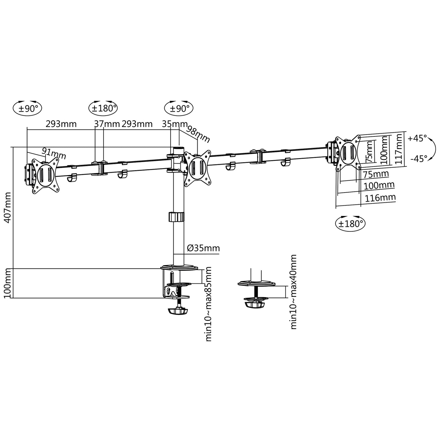 Monitor arm triple 17-27" 2x658mm