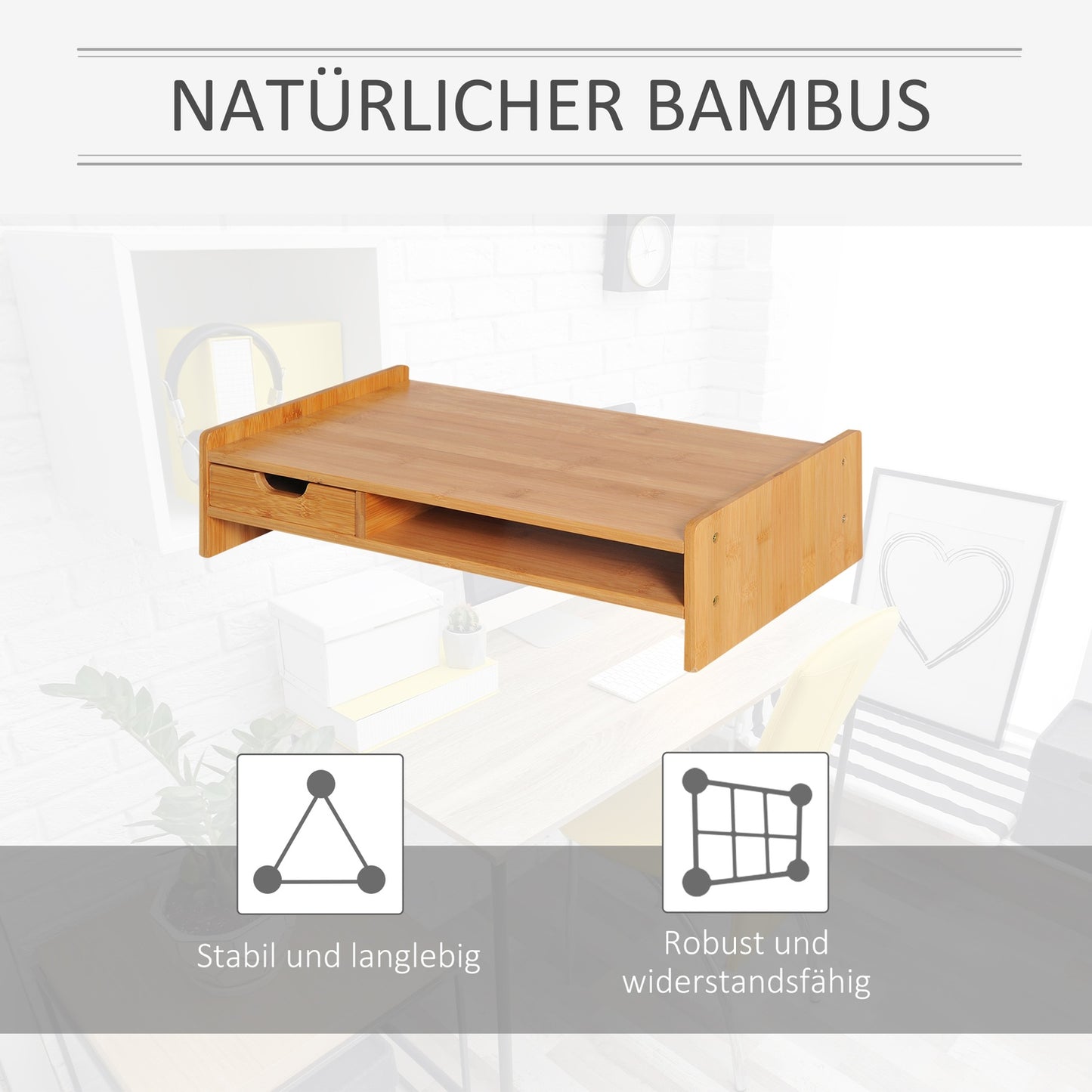 Natural Wood Monitor Stand - Desk Organizer with Drawers