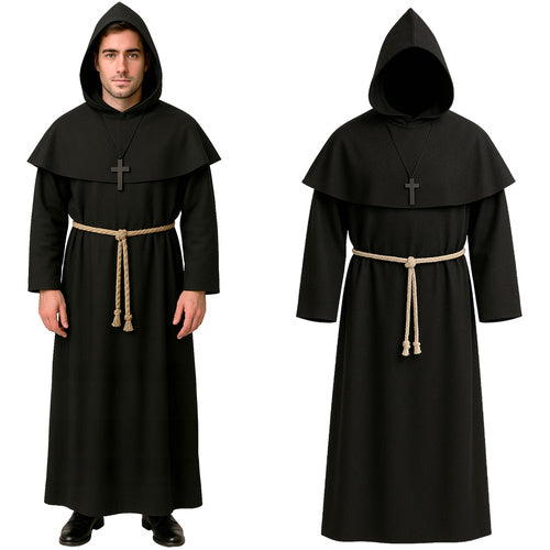 Monk Costume for Adults, Hood, Rope, Cross, Size L