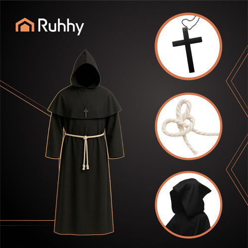 Monk Costume for Adults, Hood, Rope, Cross, Size L
