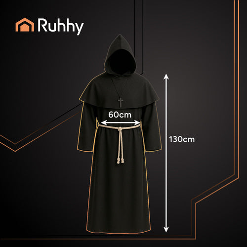 Monk Costume for Adults, Hood, Rope, Cross, Size L