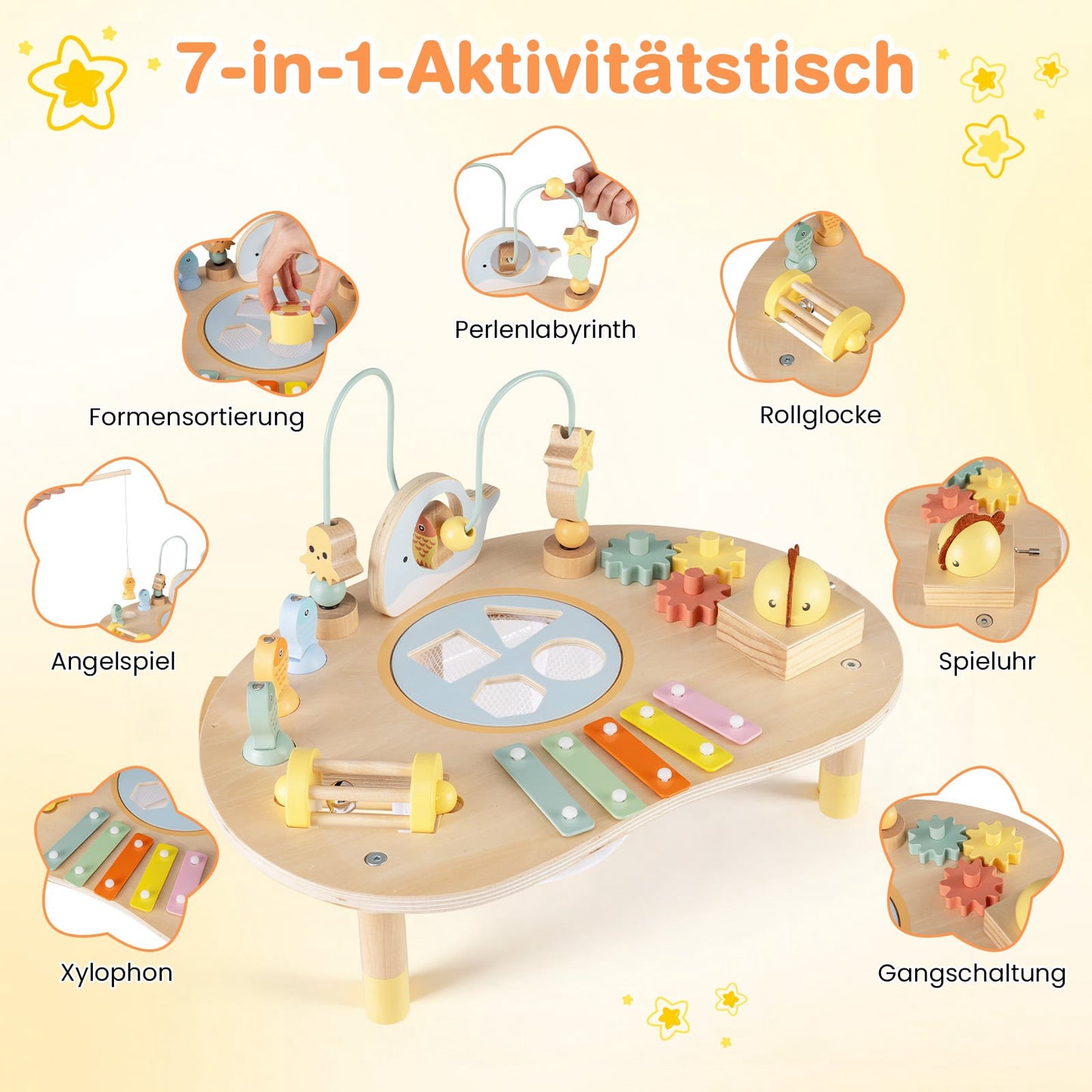 Montessori Activity Table for Toddlers, 7-in-1 Wooden Toy