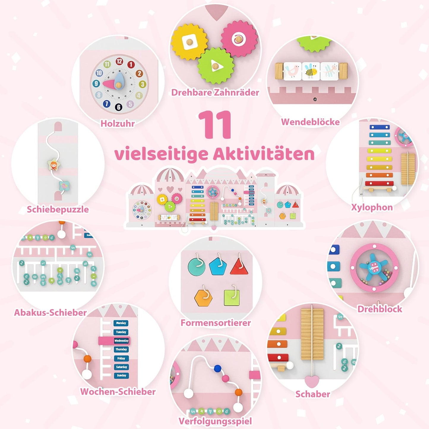 Montessori Activity Wall for Kids, 11-in-1 Wooden Toy
