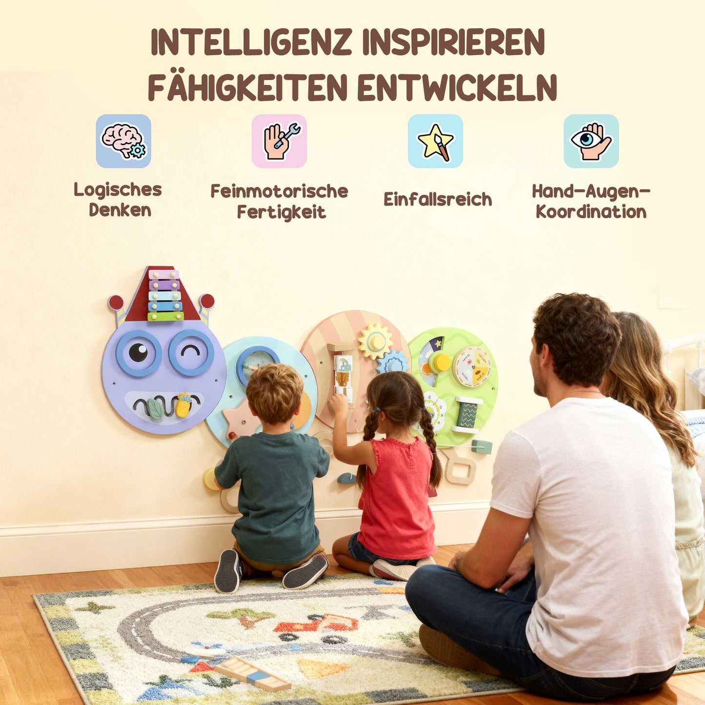 Montessori Busy Board – 7-in-1 Wall Toy, Xylophone, Gears, 108 cm