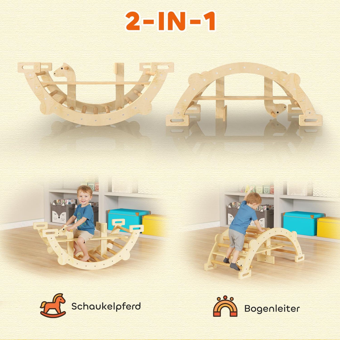 Montessori Indoor Climbing Arch, 2-in-1 Wooden Rocker, 110x52x45 cm