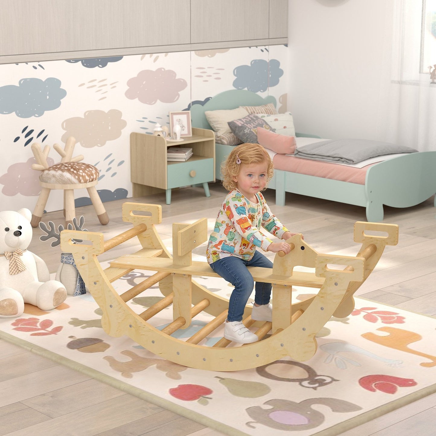 Montessori Indoor Climbing Arch, 2-in-1 Wooden Rocker, 110x52x45 cm
