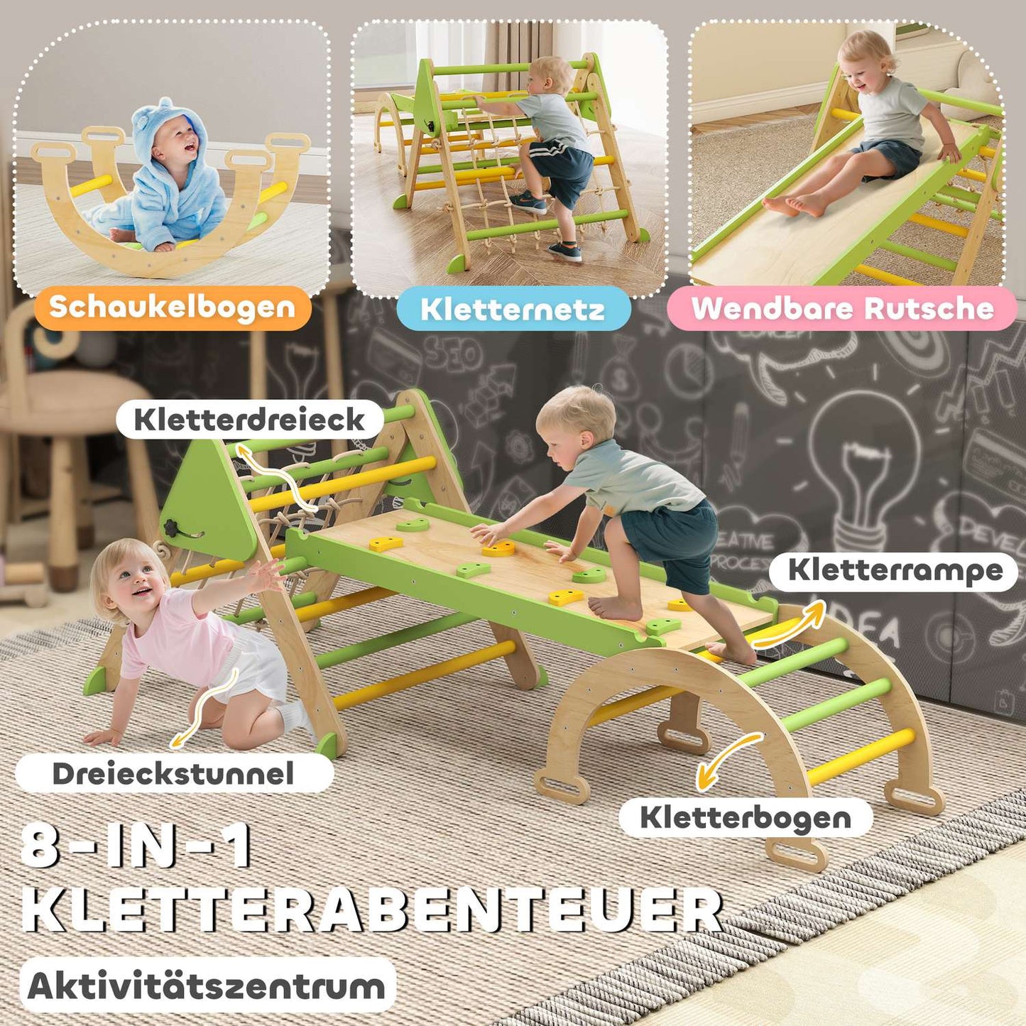 Montessori Indoor Climbing Set – 8-in-1 Triangle, Arch, Slide