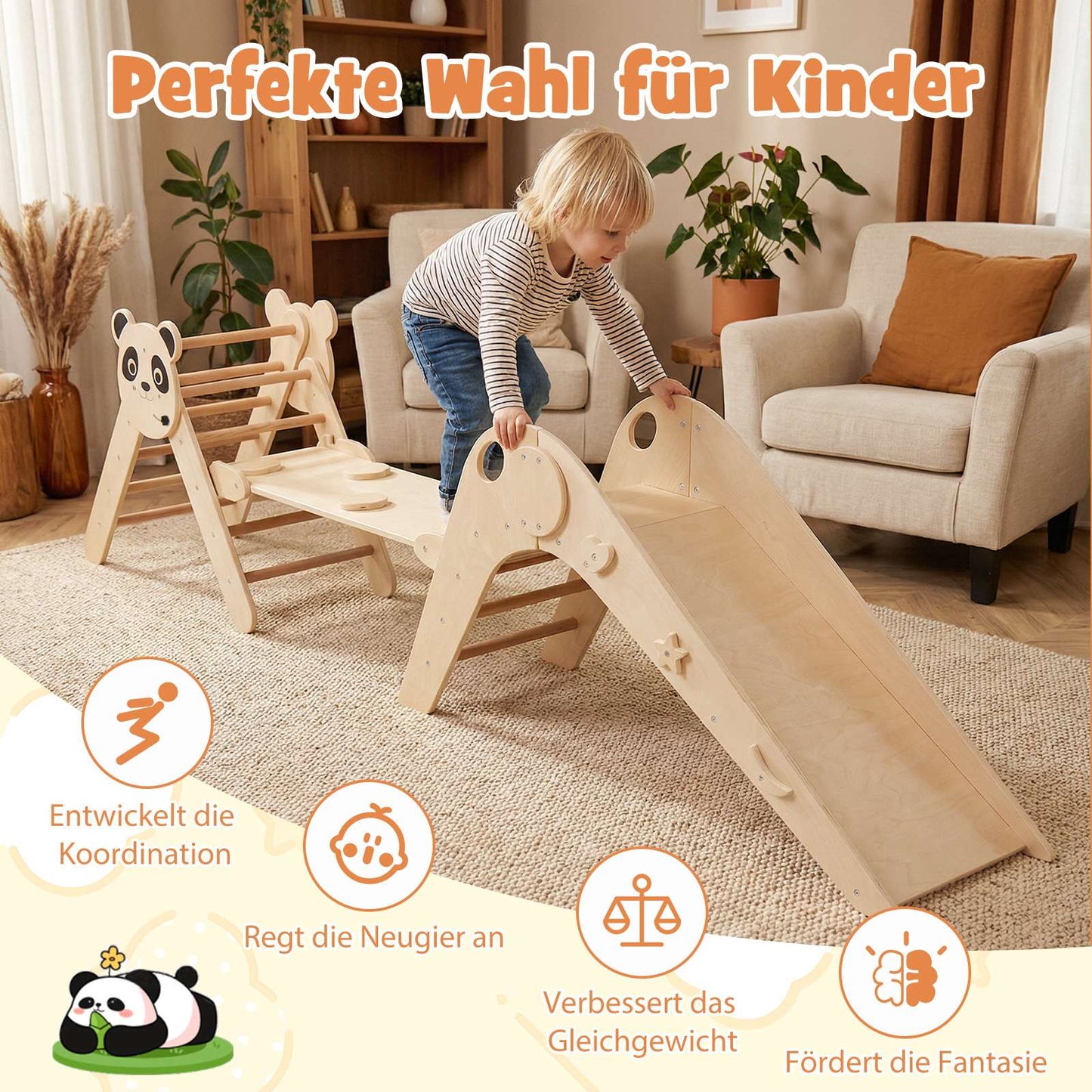 Montessori Wooden Climbing Set with Panda Design