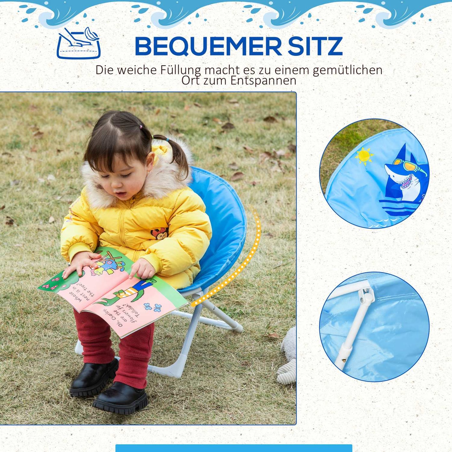 Moon chair for children in steel blue, foldable for indoor and outdoor use