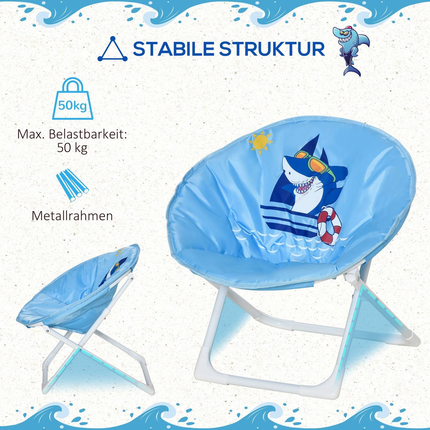 Moon chair for children in steel blue, foldable for indoor and outdoor use
