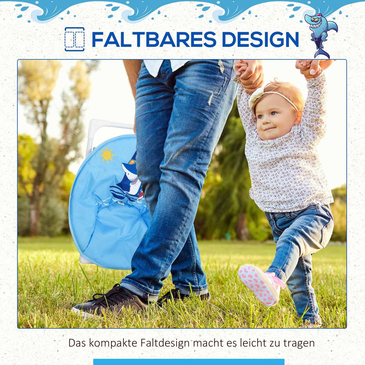 Moon chair for children in steel blue, foldable for indoor and outdoor use