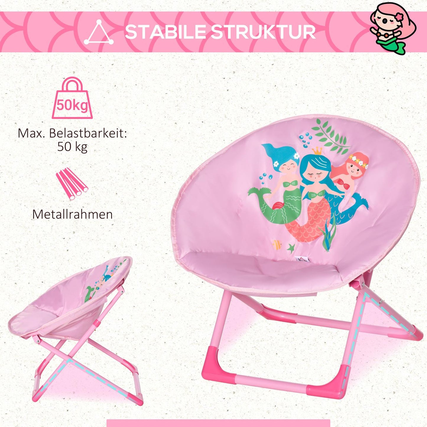 Pink folding camping chair for children, indoor/outdoor, steel