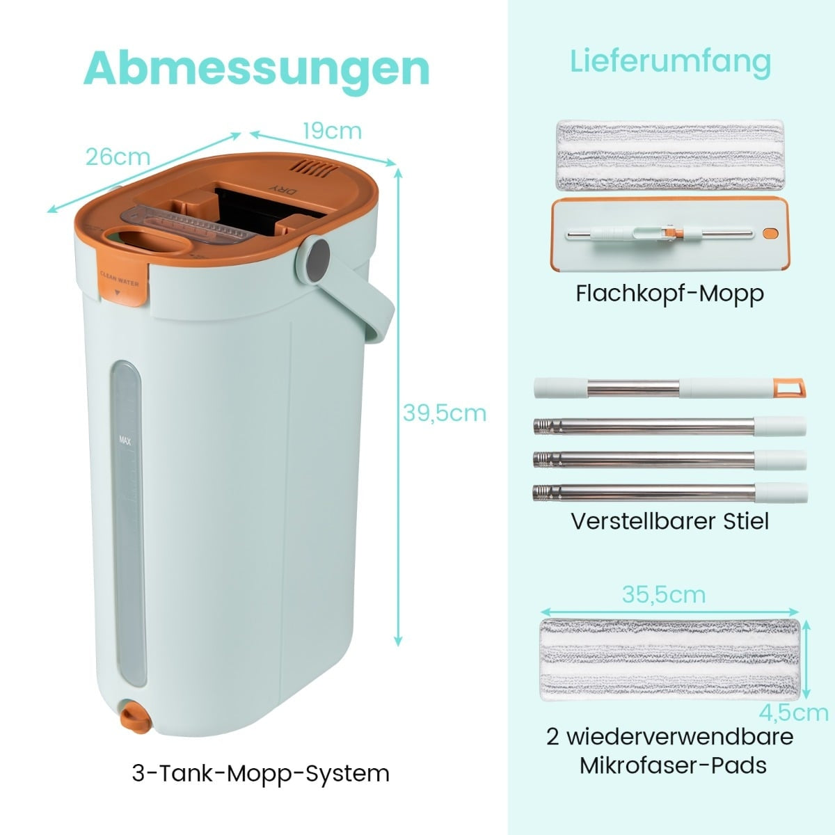 Mop and Bucket System with 3-Chamber Design, 2.4L, Green