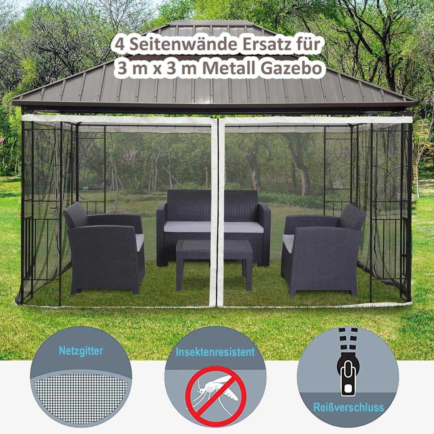 Mosquito net for 3x4 Gazebo, 4 panels, zipper, black nylon