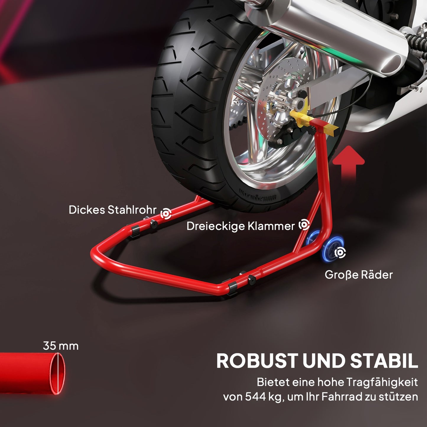 Motorcycle Stand Front/Rear, 544 kg Capacity, Steel, Red
