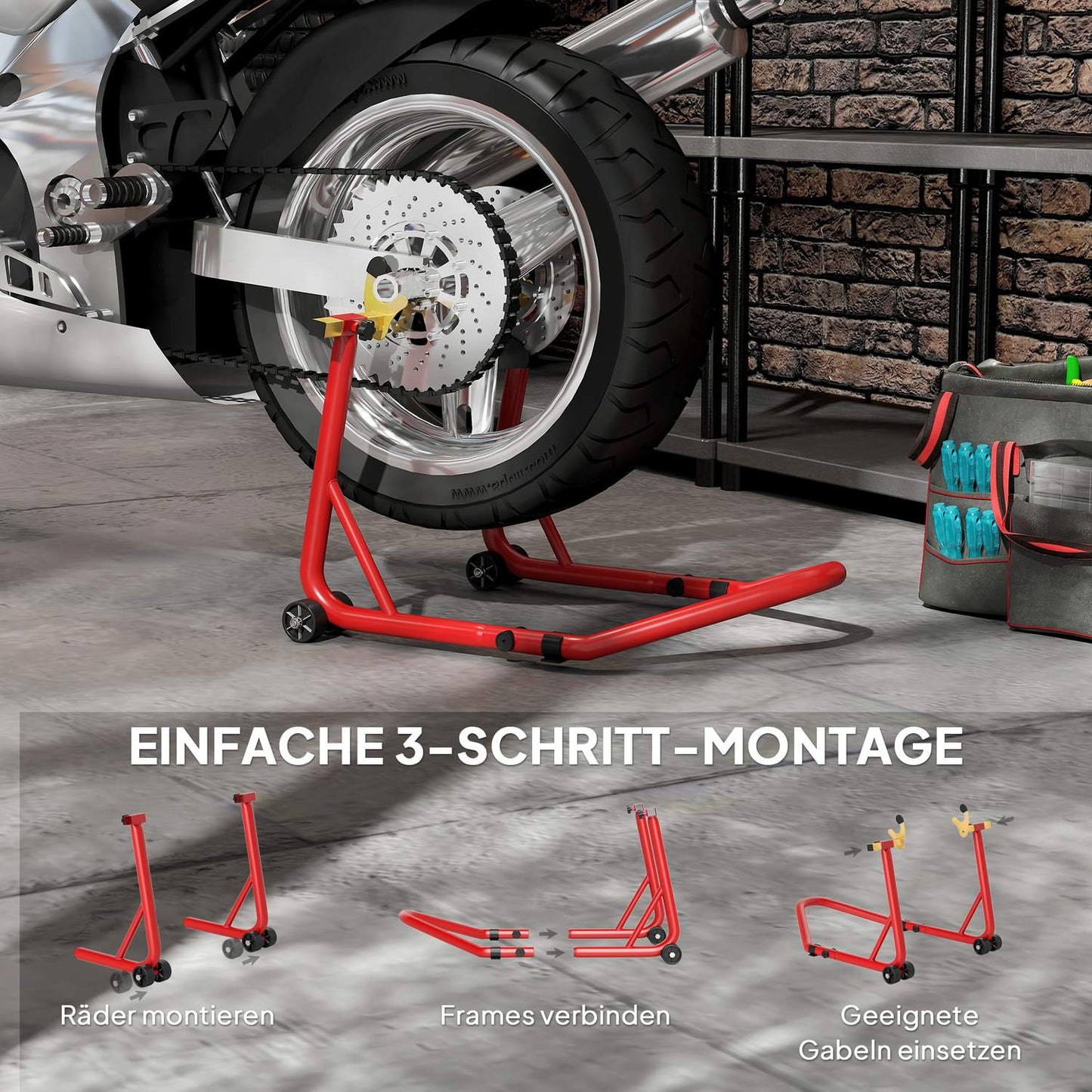 Motorcycle Stand Front/Rear, 544 kg Capacity, Steel, Red
