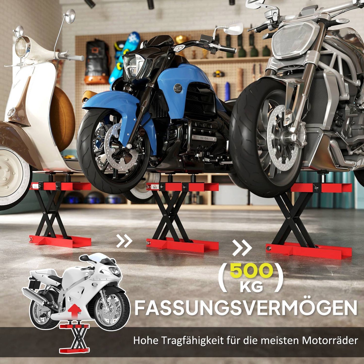 Motorcycle lift with 500 kg capacity, adjustable 95-400 mm