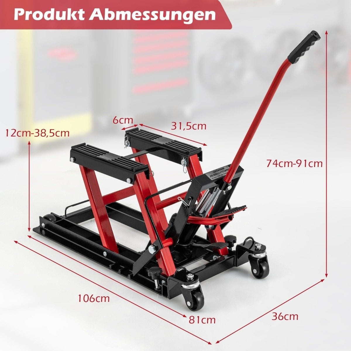 Motorcycle lift up to 680kg 3-stage height-adjustable hydraulic motorcycle jack red