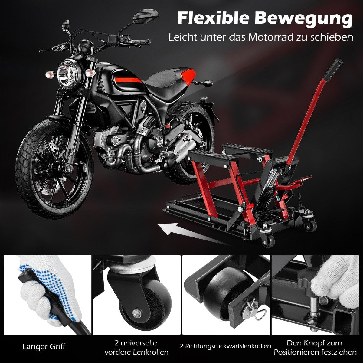 Motorcycle lift up to 680kg 3-stage height-adjustable hydraulic motorcycle jack red