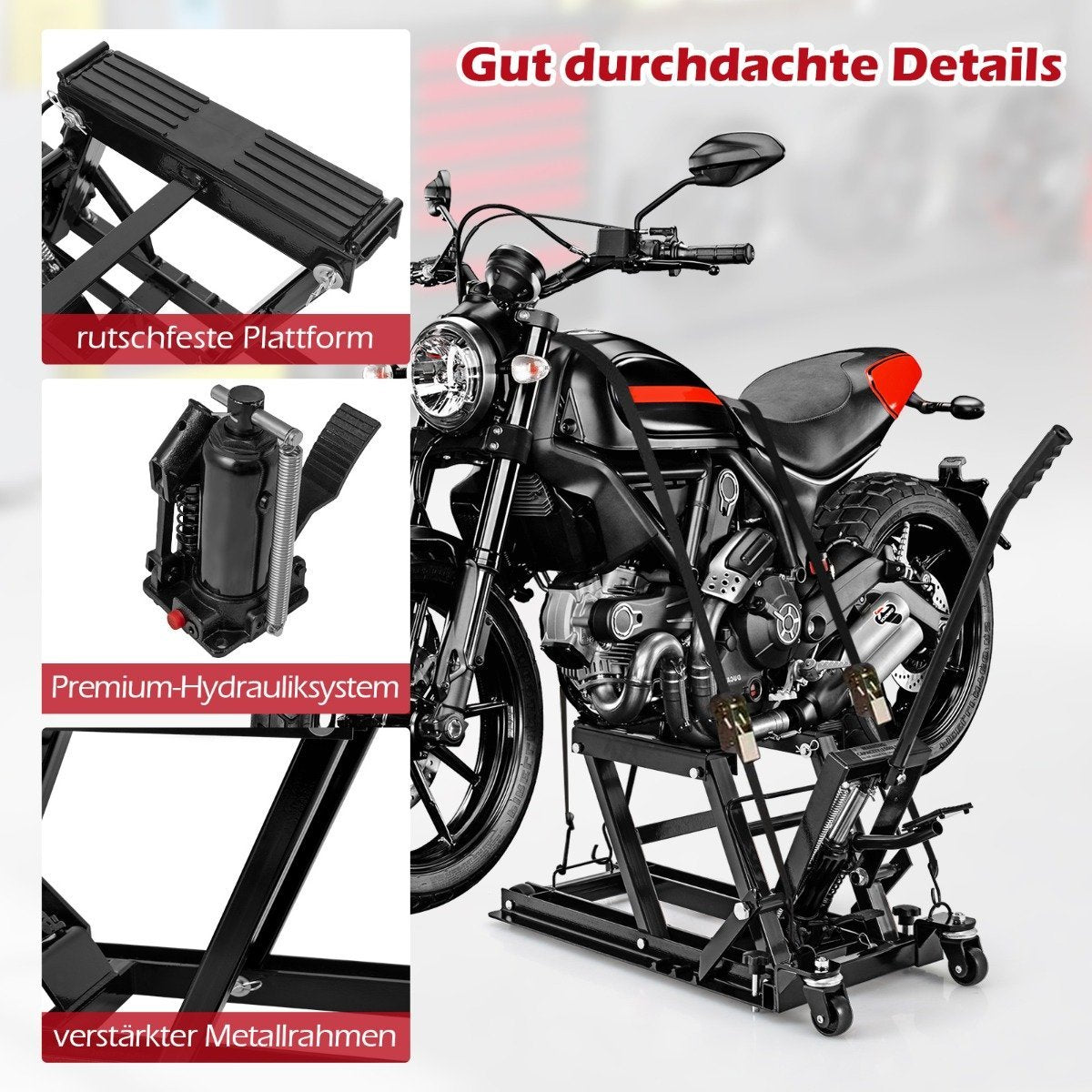Motorcycle lift up to 680kg 3-stage height-adjustable hydraulic motorcycle lifter black