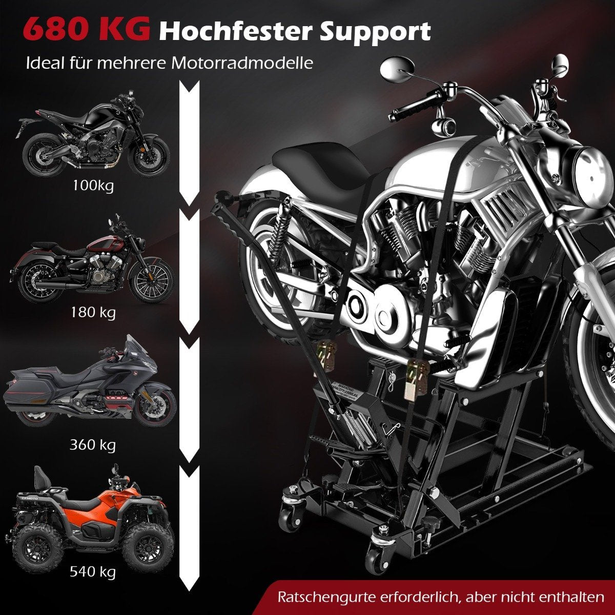 Motorcycle lift up to 680kg 3-stage height-adjustable hydraulic motorcycle lifter black