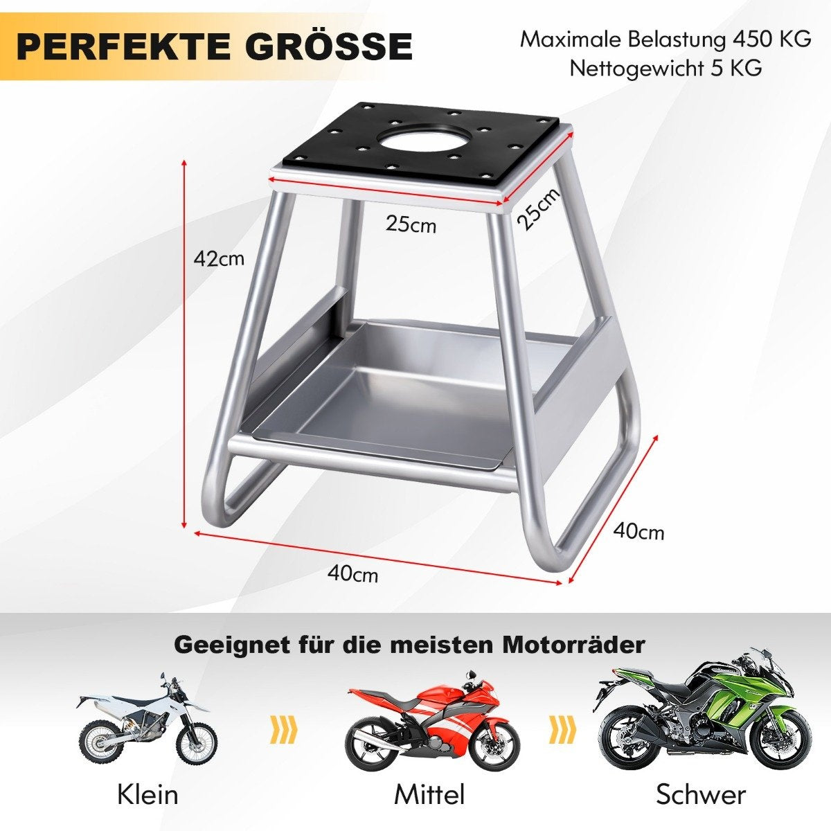 Motorcycle stand heavy-duty metal stand with non-slip surface silver