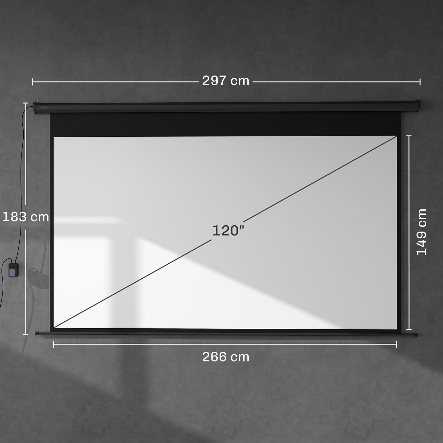 Motorized Projector Screen, 16:9, Remote, 266x149 cm, Black