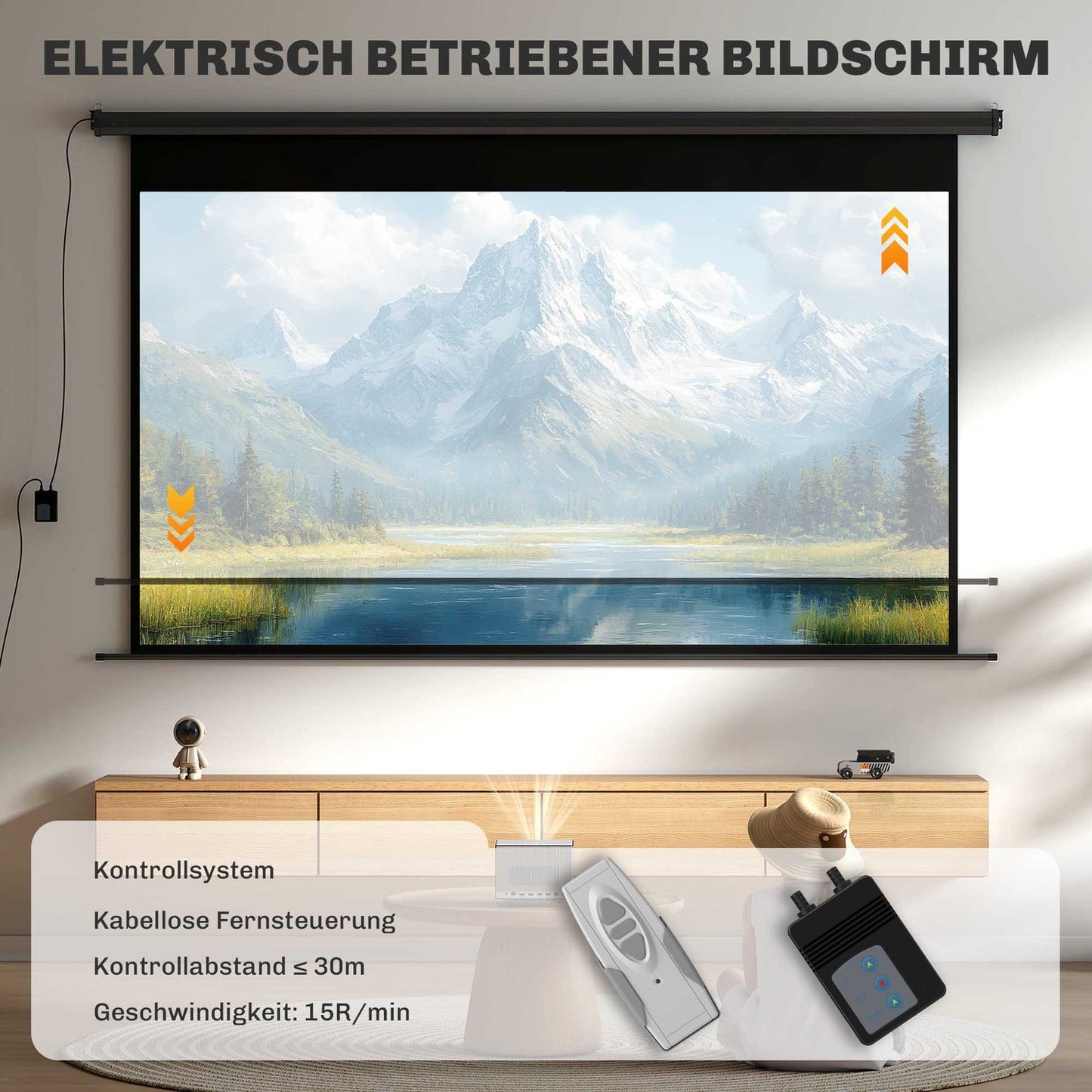 Motorized Projector Screen, 16:9, Remote, 266x149 cm, Black