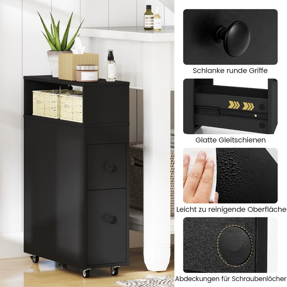 Movable bathroom cabinet with 2 pull-out drawers &amp; Brush holder for small spaces black