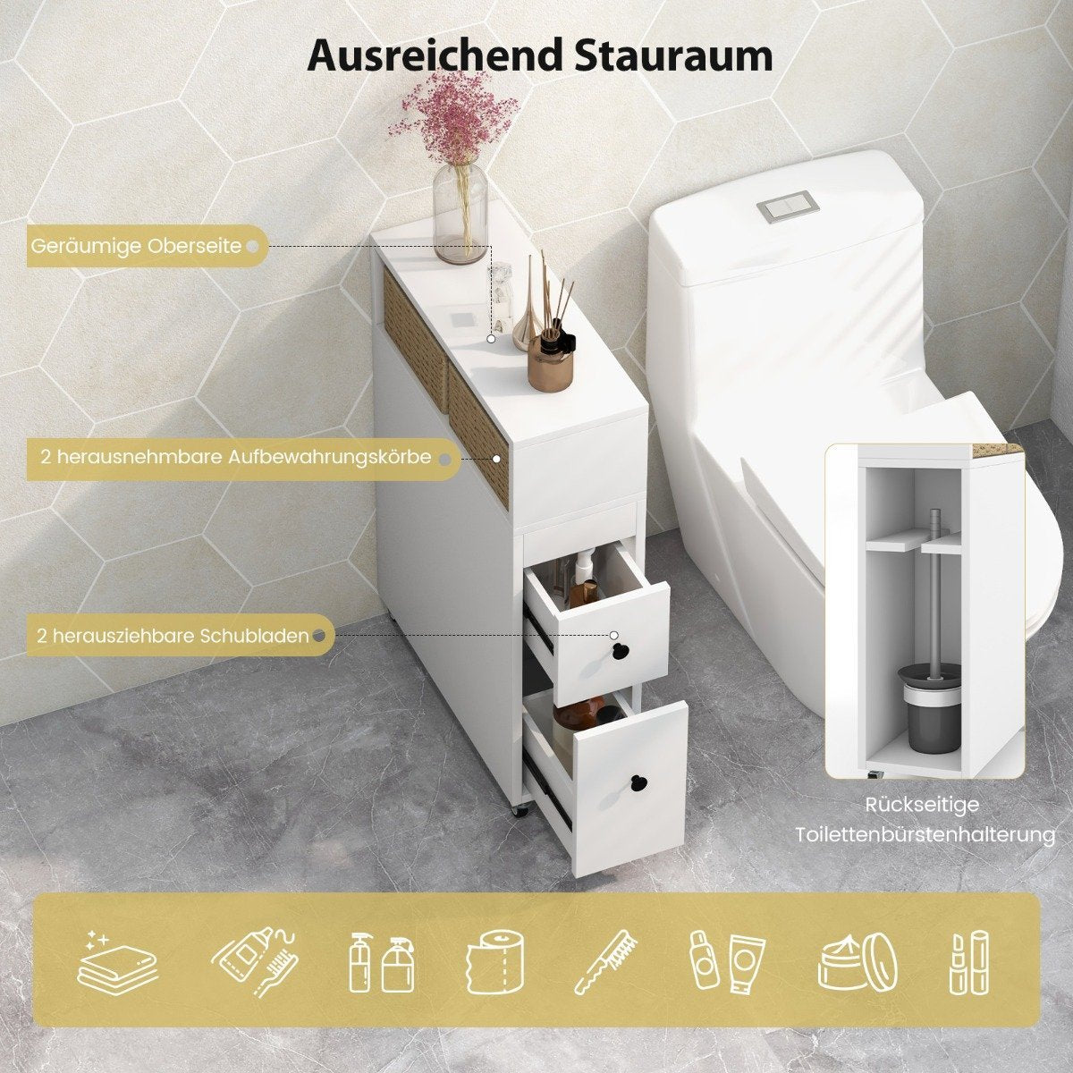 Movable bathroom cabinet with 2 pull-out drawers & brush holder for small spaces white