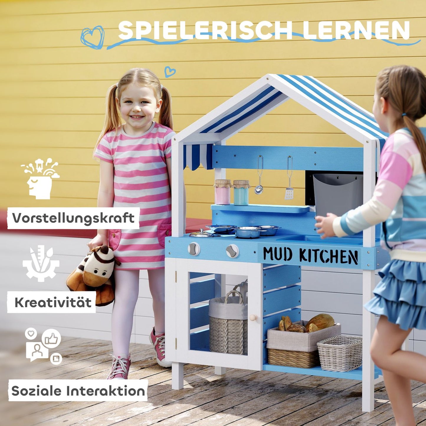 Children's clay kitchen in wood with stove, sink and shelves