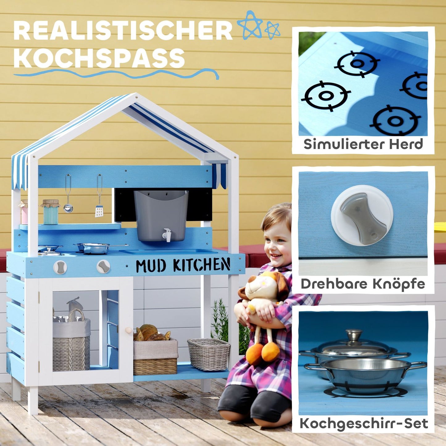 Children's clay kitchen in wood with stove, sink and shelves