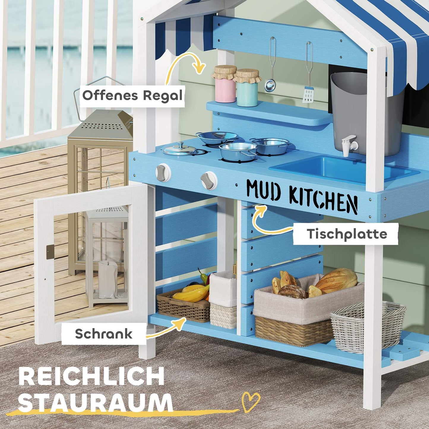 Children's clay kitchen in wood with stove, sink and shelves
