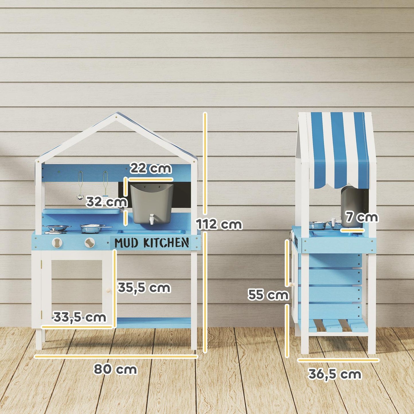 Children's clay kitchen in wood with stove, sink and shelves