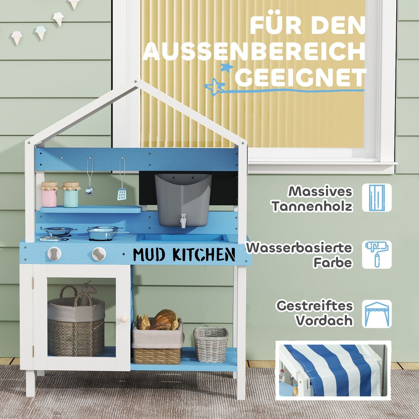 Children's clay kitchen in wood with stove, sink and shelves