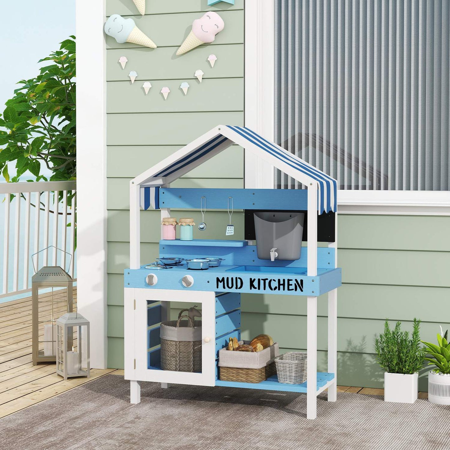 Children's clay kitchen in wood with stove, sink and shelves