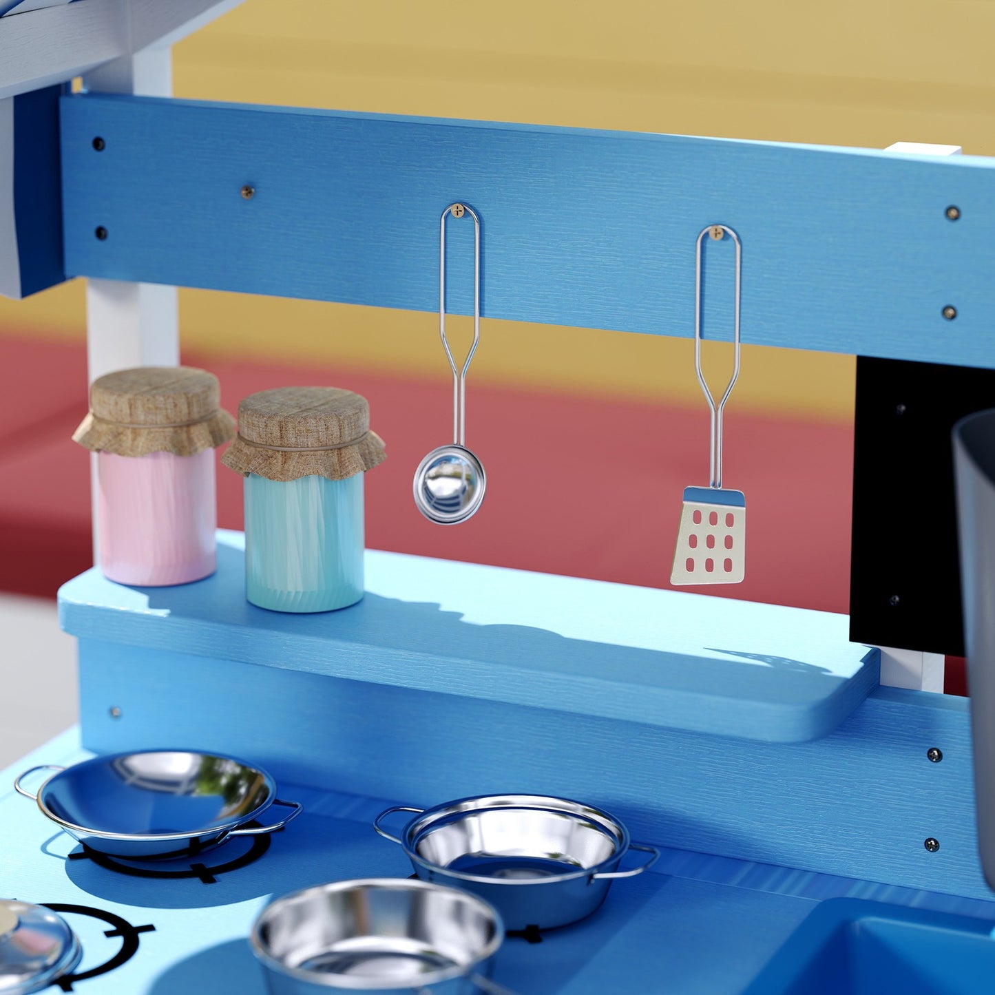 Children's clay kitchen in wood with stove, sink and shelves