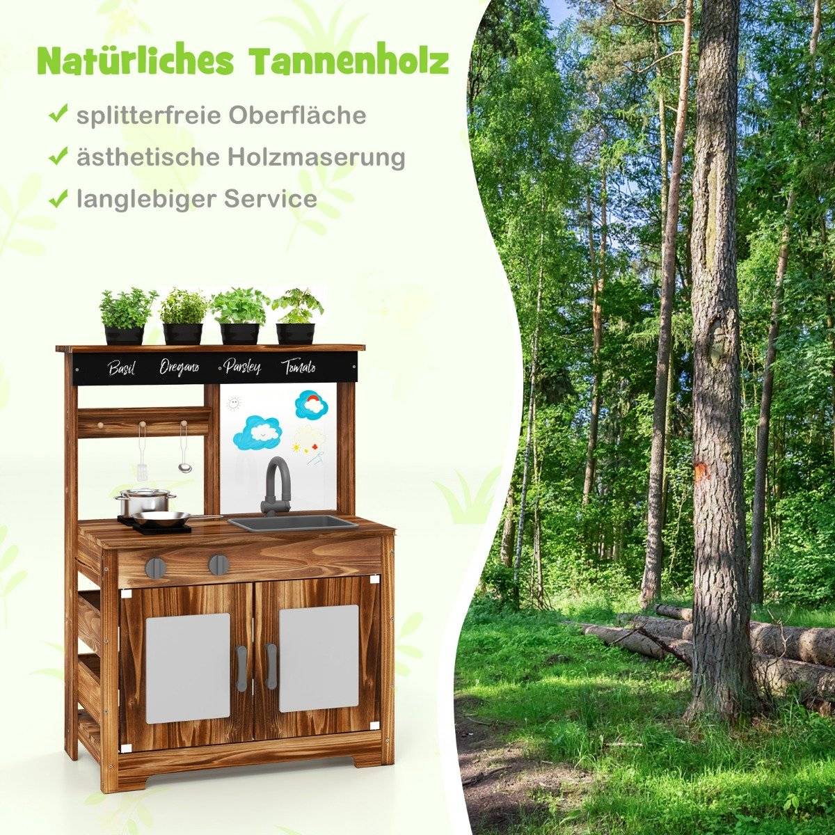 Mud kitchen children outdoor children's kitchen fir wood with 4 cooking pots brown