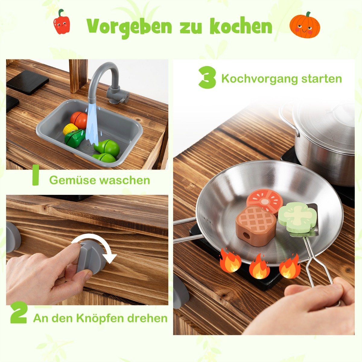 Mud kitchen children outdoor children's kitchen fir wood with 4 cooking pots brown
