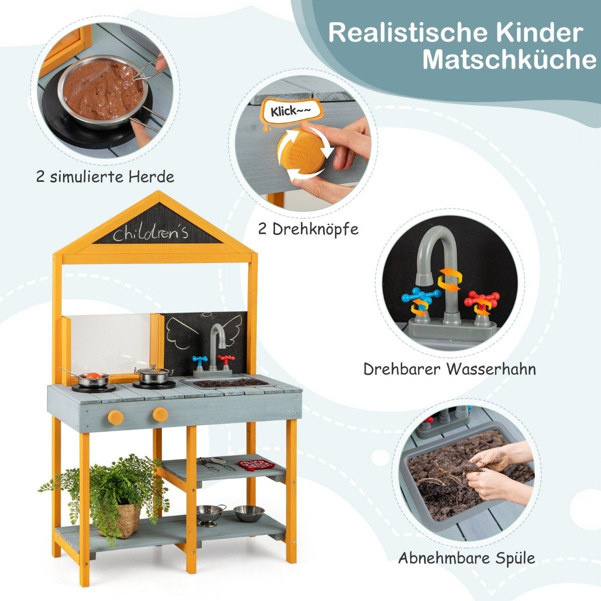 Mud kitchen for children, outdoor children's kitchen made of fir wood with planter, 2 chalkboards, and a blue faucet.