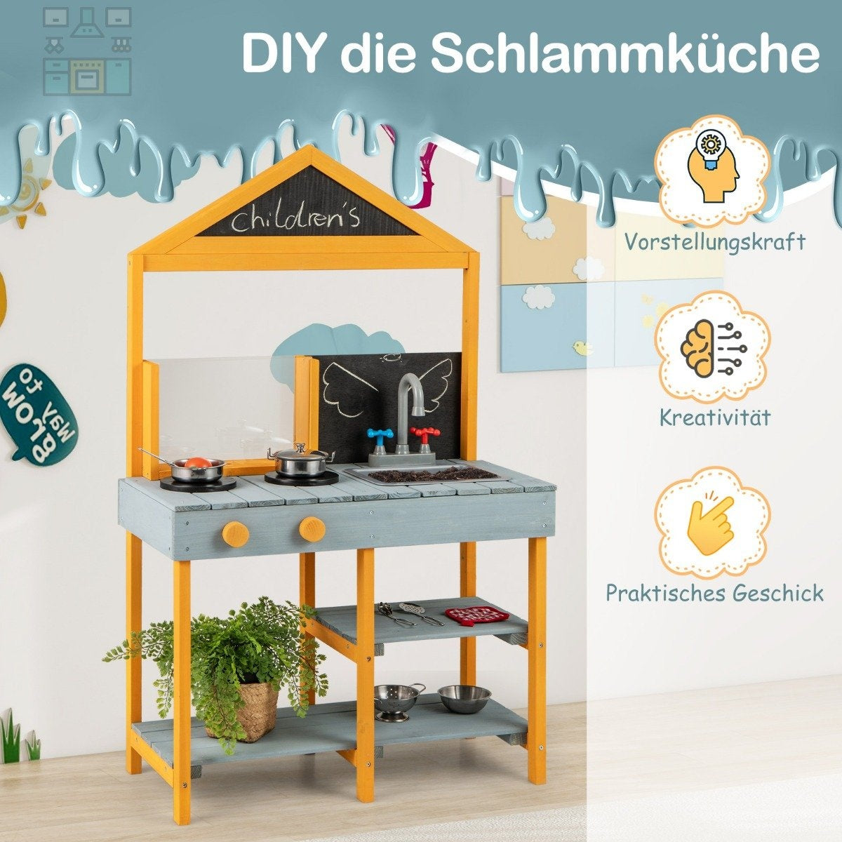 Mud kitchen for children, outdoor children's kitchen made of fir wood with planter, 2 chalkboards, and a blue faucet.