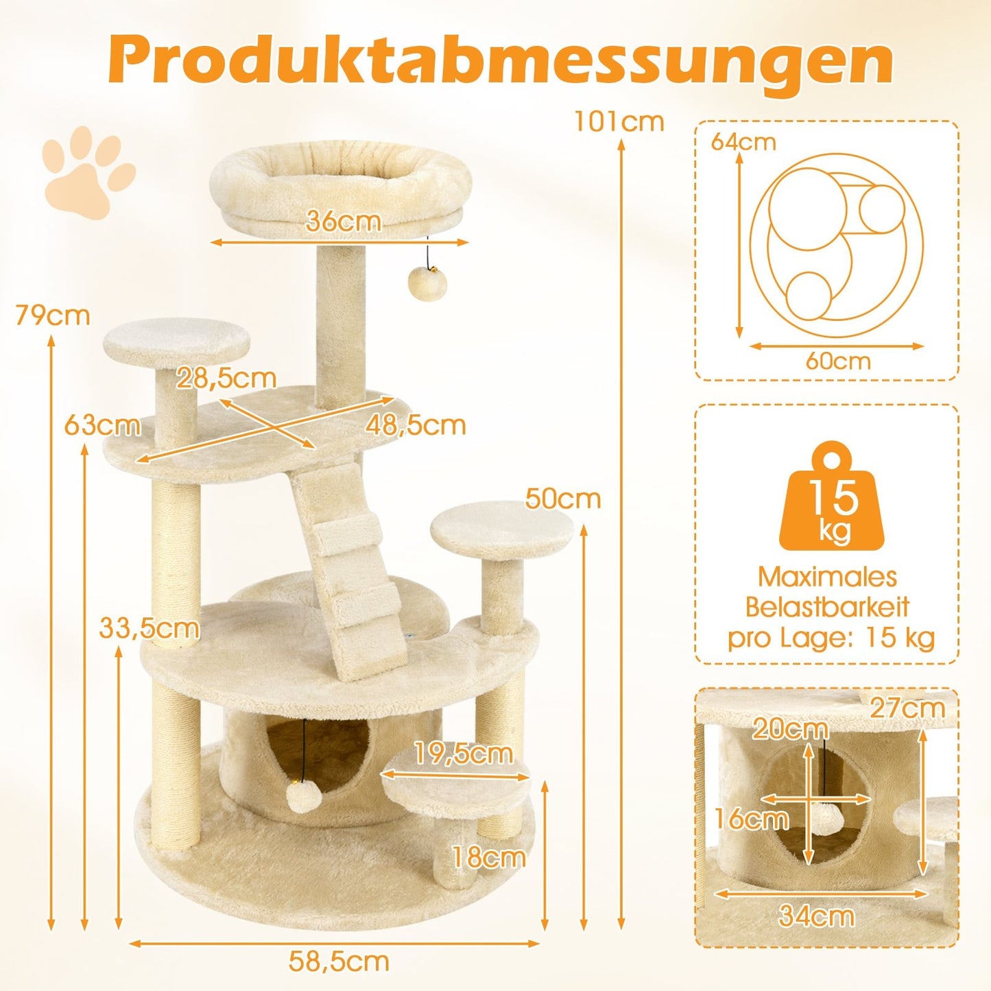 Multi-Level Cat Tree with Cave and Scratching Posts, Beige