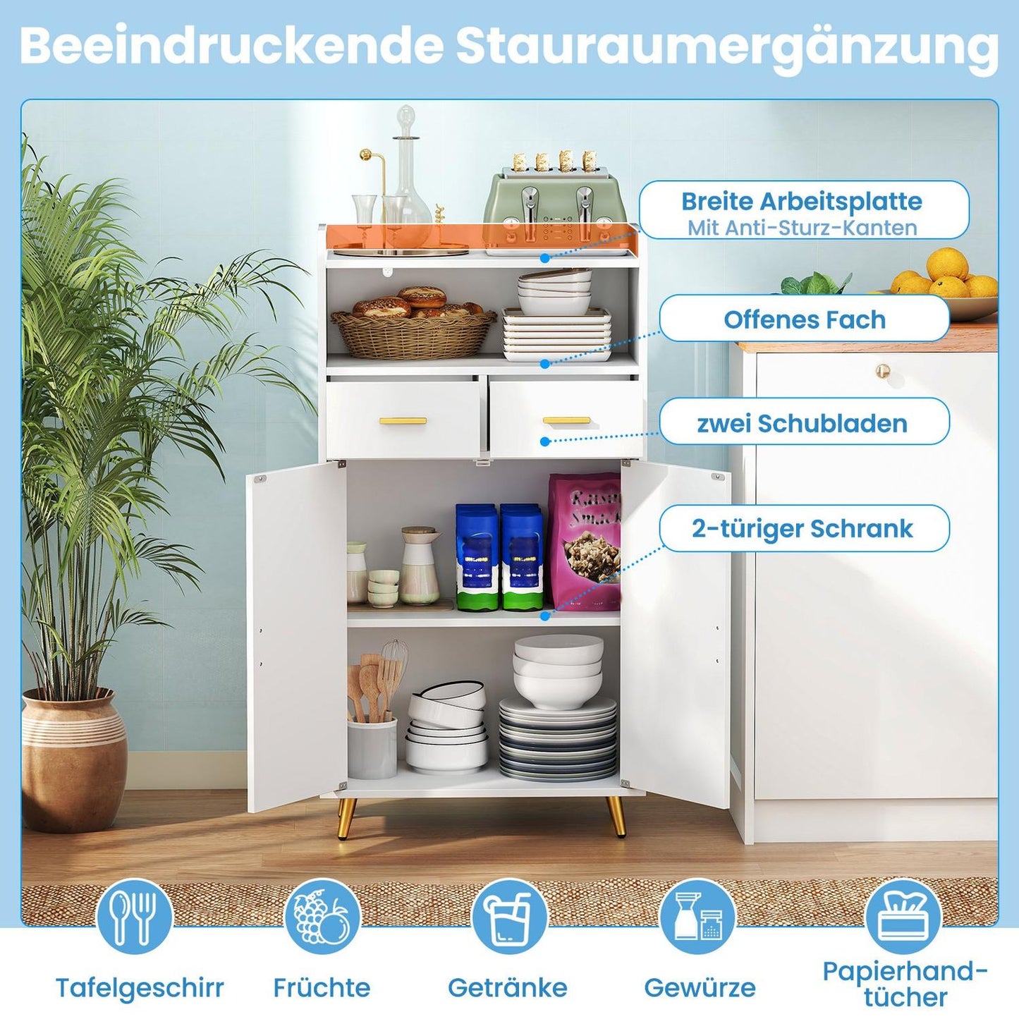 Multi-Purpose White Cabinet with Adjustable Shelf & Drawers