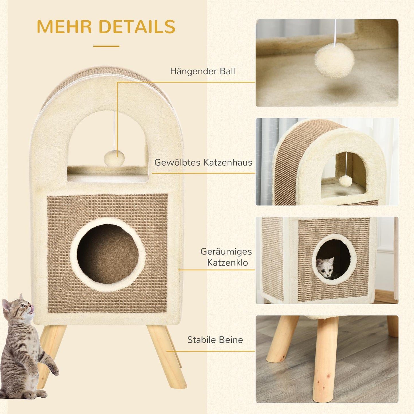 Cat cave with scratching board and play balls - coffee