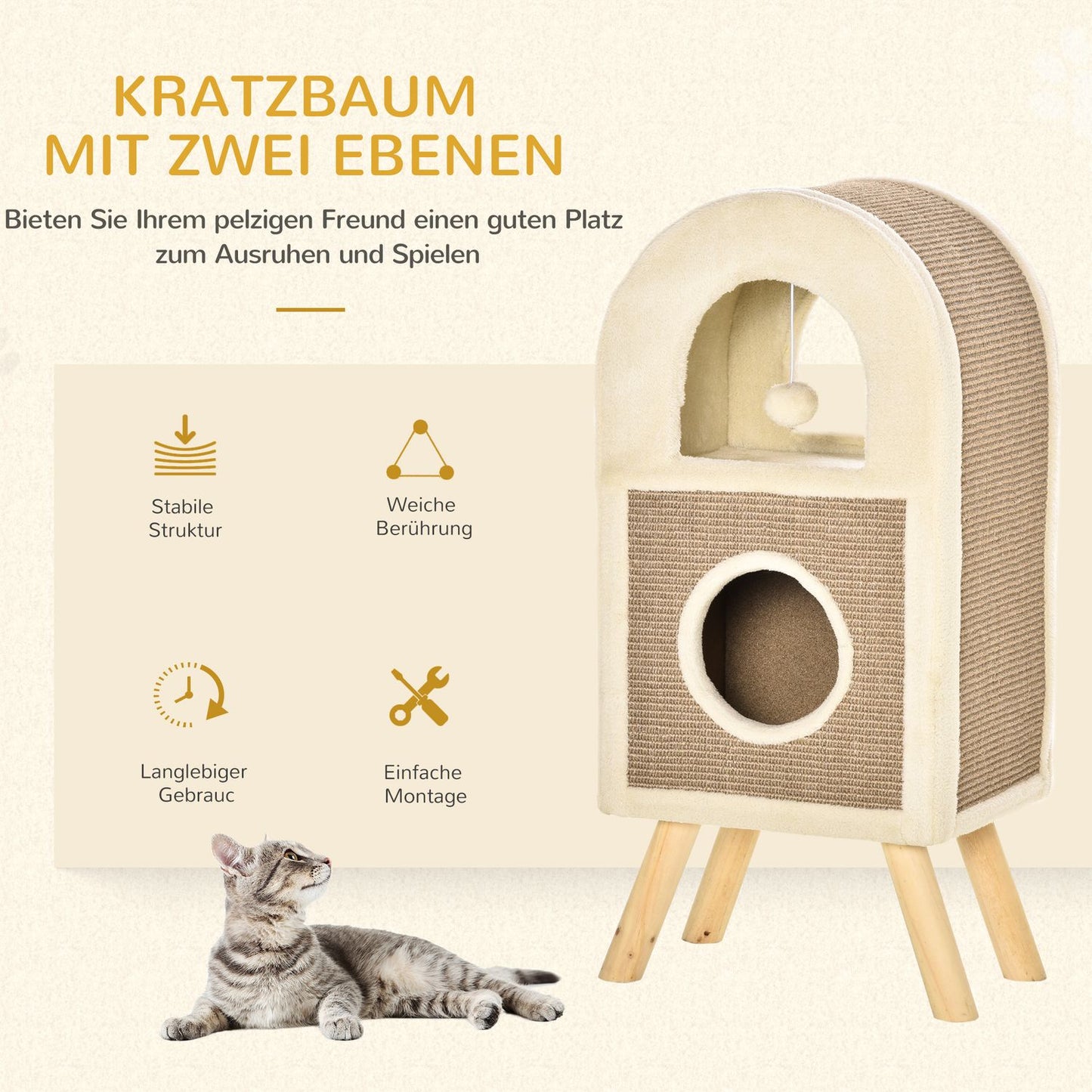 Cat cave with scratching board and play balls - coffee