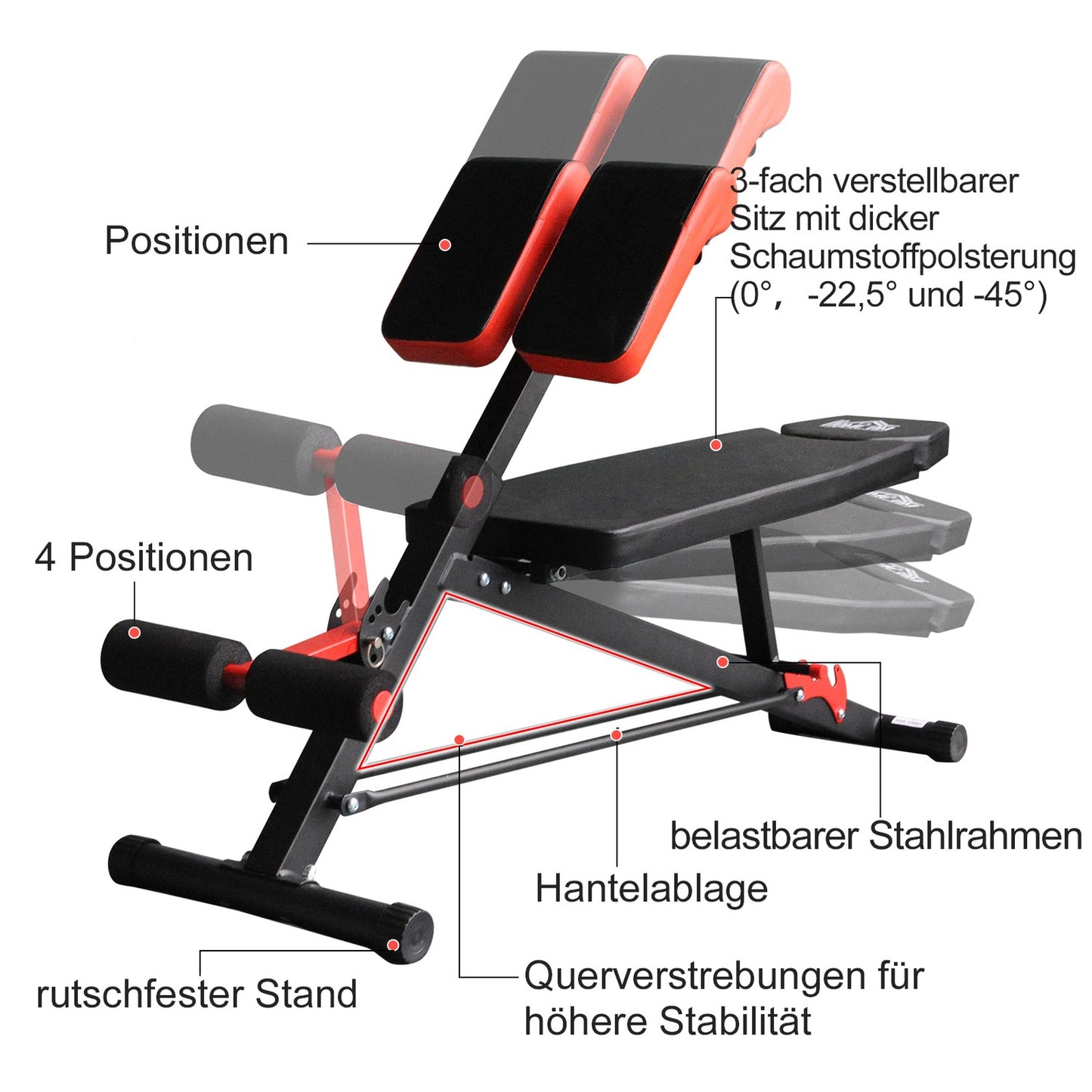 Adjustable multi-weight exercise bench, black, incline and abs trainer