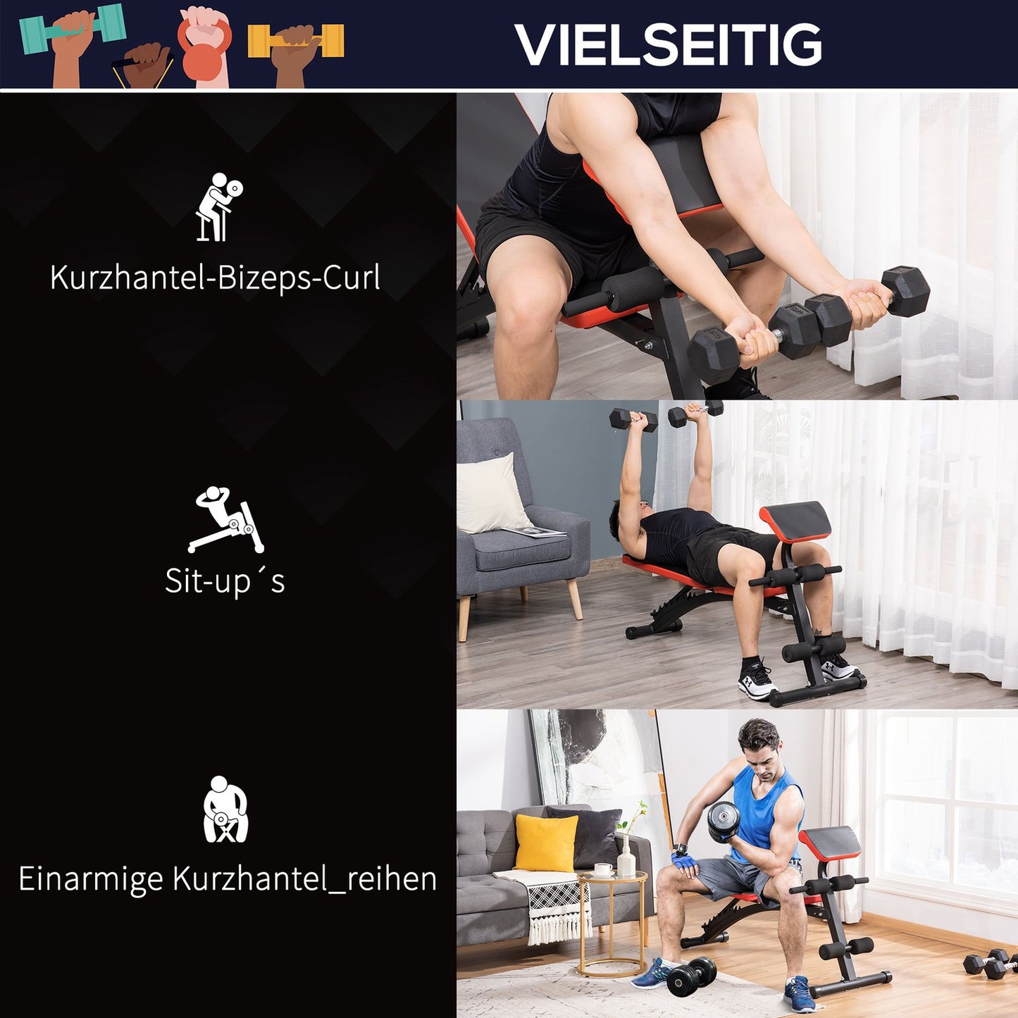 Adjustable weight bench - 6 angles, supports up to 120 kg