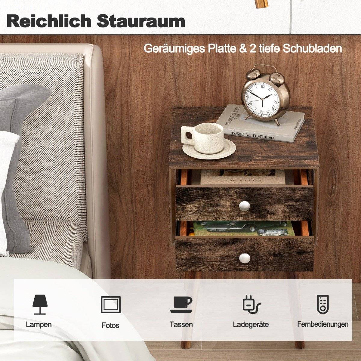 Multifunctional bedside table with storage space made of wood 40 x 40 x 59.5 cm brown