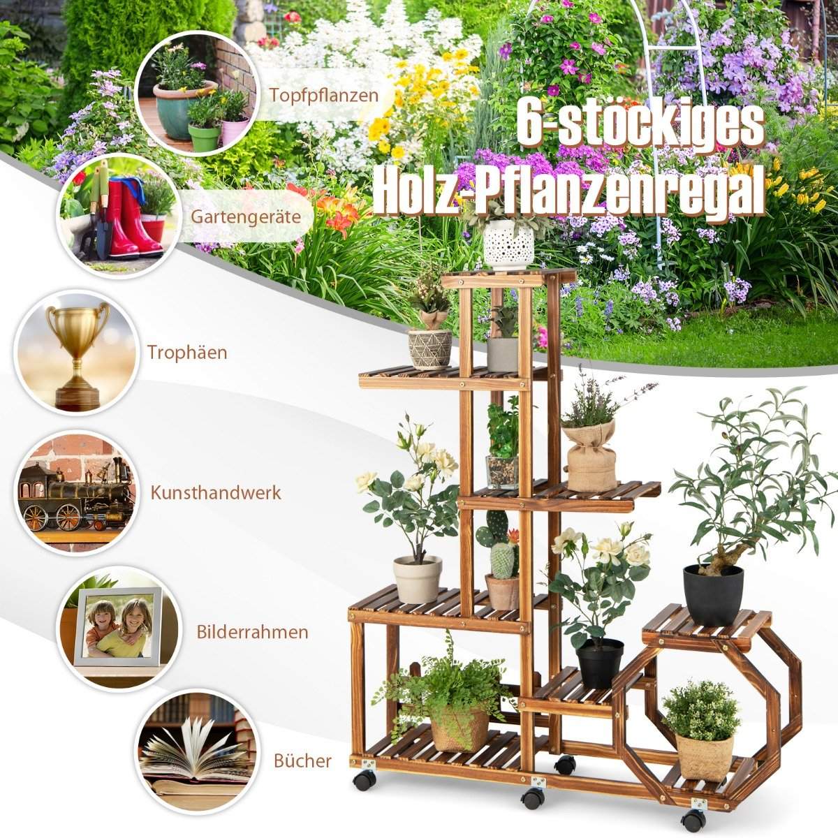 Multilayer Wooden Plant Stand Movable Flower Shelf 107 x 29 x 74 cm Natural